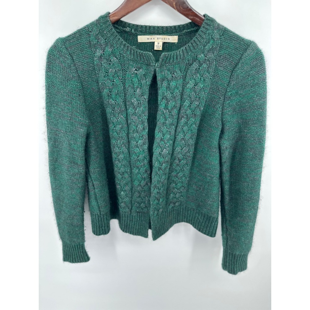 Max Studio Green Angora Blend Cable‎ Knit Open Front Cardigan Sweater Womens Med